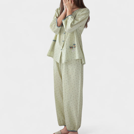 Floral Print Pajama Set with Round Neck Button Front Top and Relaxed Fit Full-Length Lounge Pants
