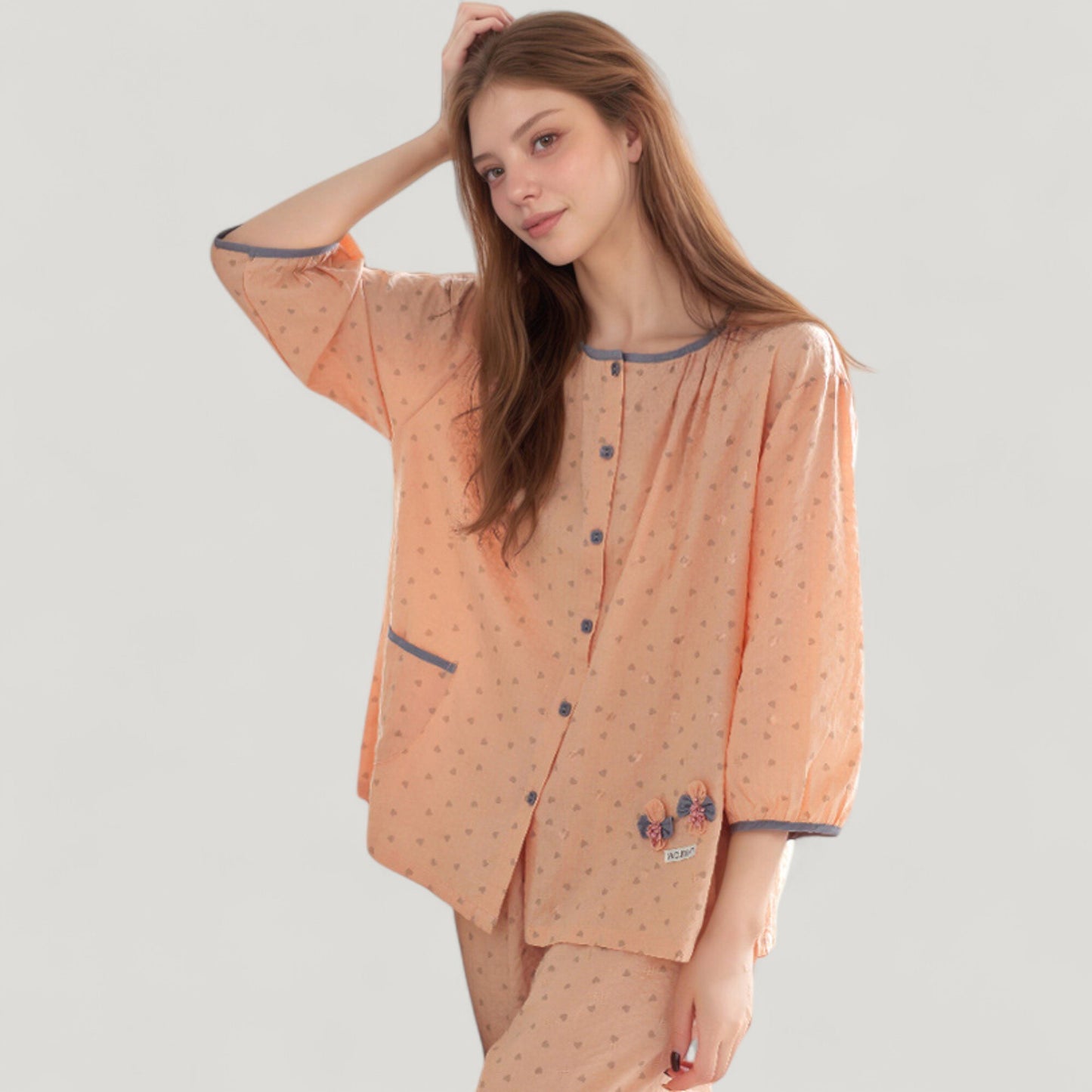 Floral Print Pajama Set with Round Neck Button Front Top and Relaxed Fit Full-Length Lounge Pants