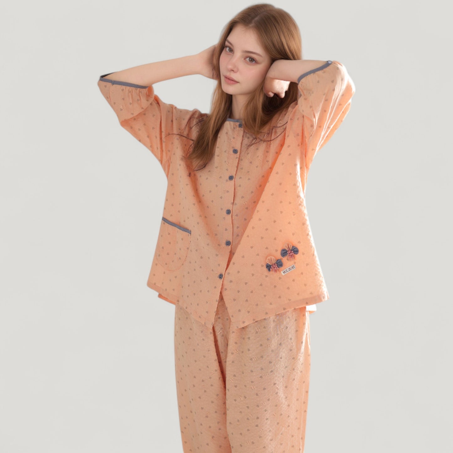 Floral Print Pajama Set with Round Neck Button Front Top and Relaxed Fit Full-Length Lounge Pants