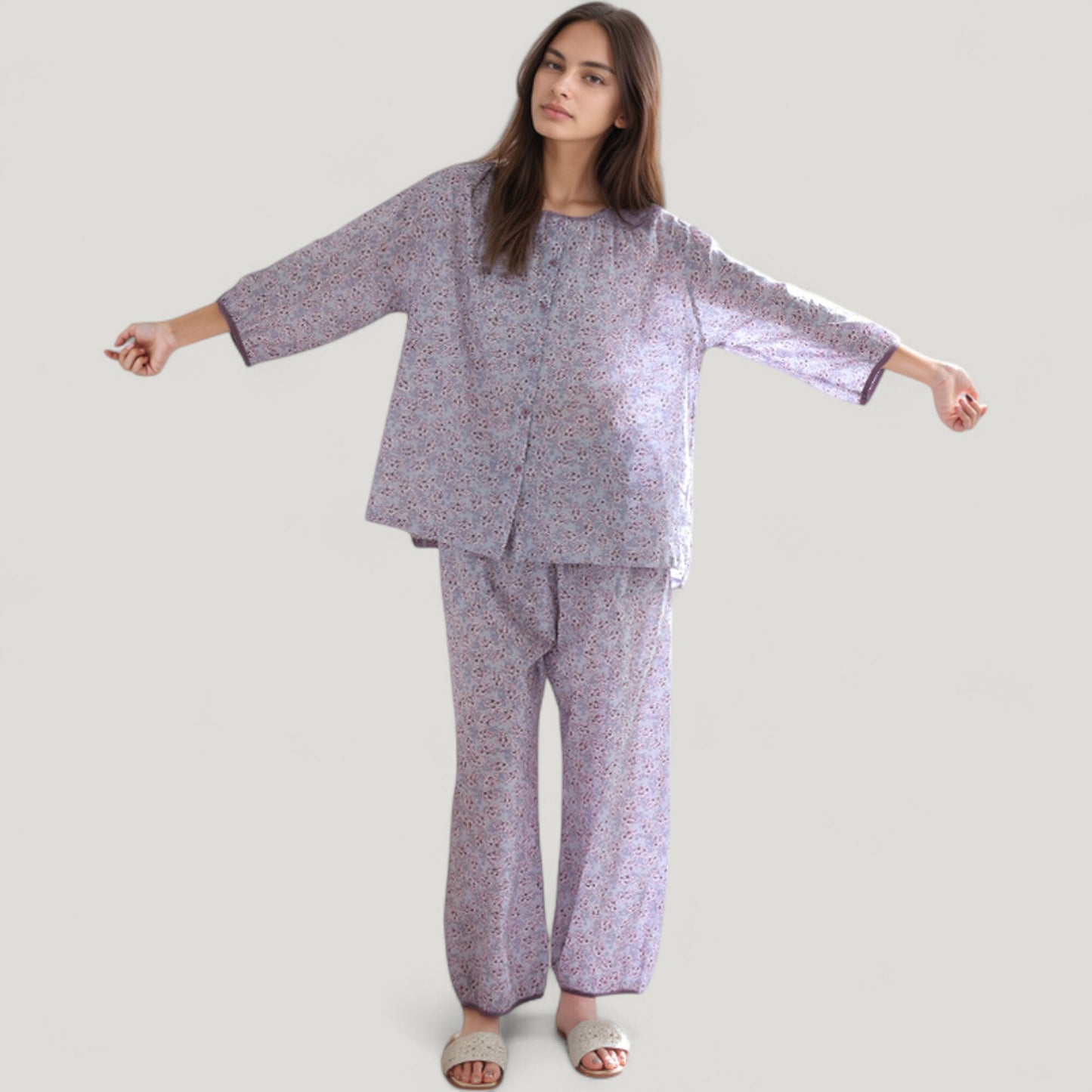 Floral Print Pajama Set with Round Neck Button Front Top and Relaxed Fit Full-Length Lounge Pants