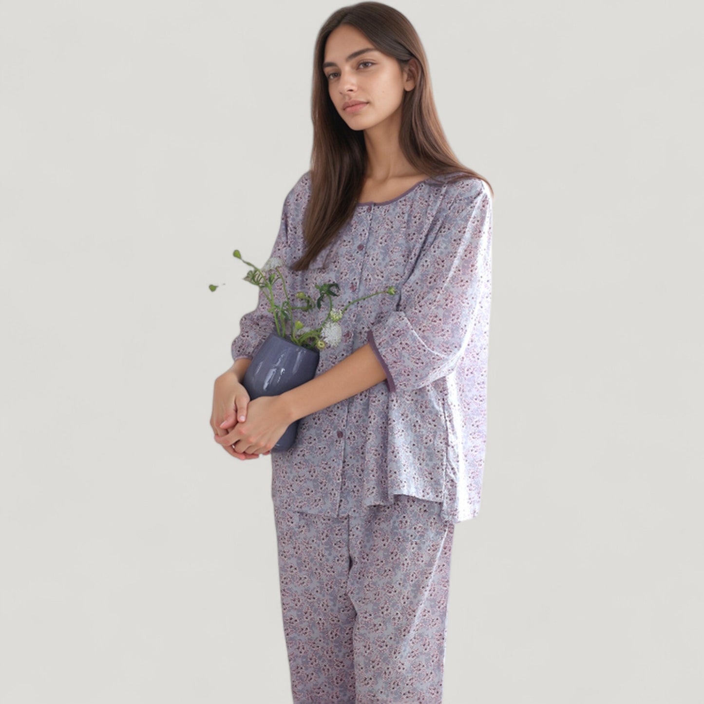 Floral Print Pajama Set with Round Neck Button Front Top and Relaxed Fit Full-Length Lounge Pants