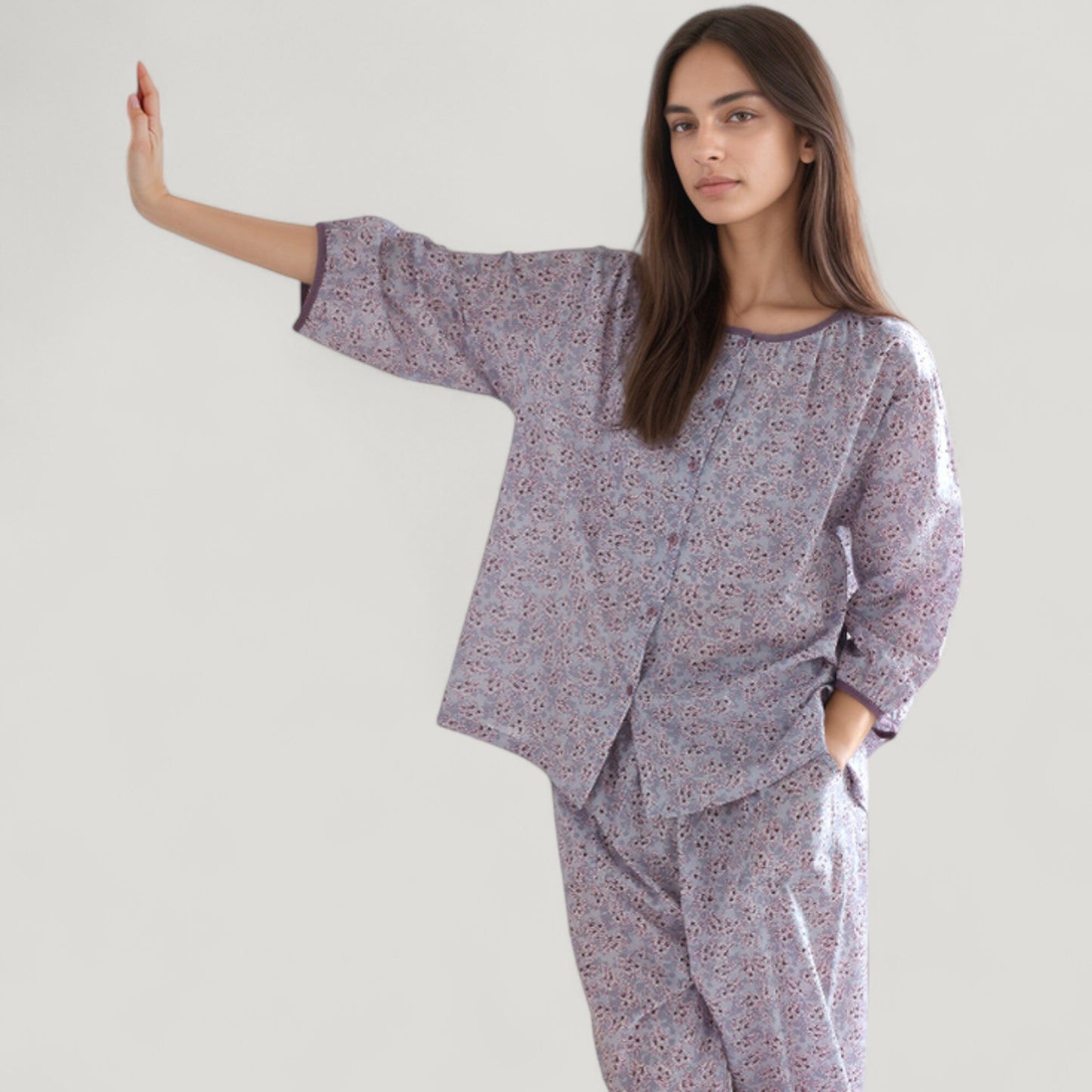 Floral Print Pajama Set with Round Neck Button Front Top and Relaxed Fit Full-Length Lounge Pants