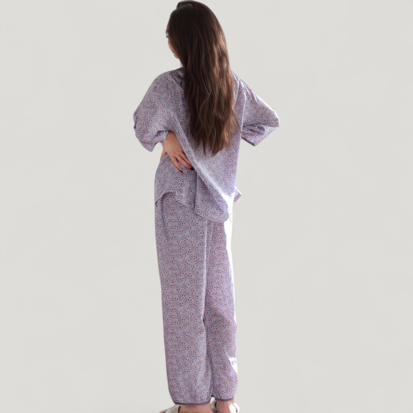 Floral Print Pajama Set with Round Neck Button Front Top and Relaxed Fit Full-Length Lounge Pants