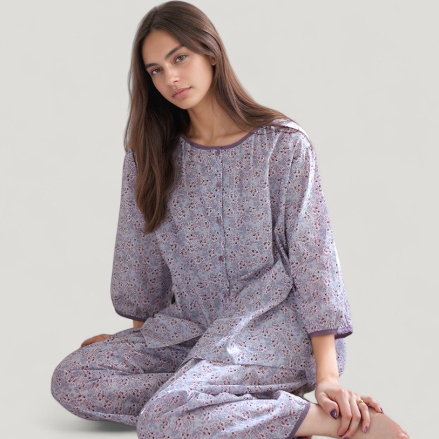 Floral Print Pajama Set with Round Neck Button Front Top and Relaxed Fit Full-Length Lounge Pants