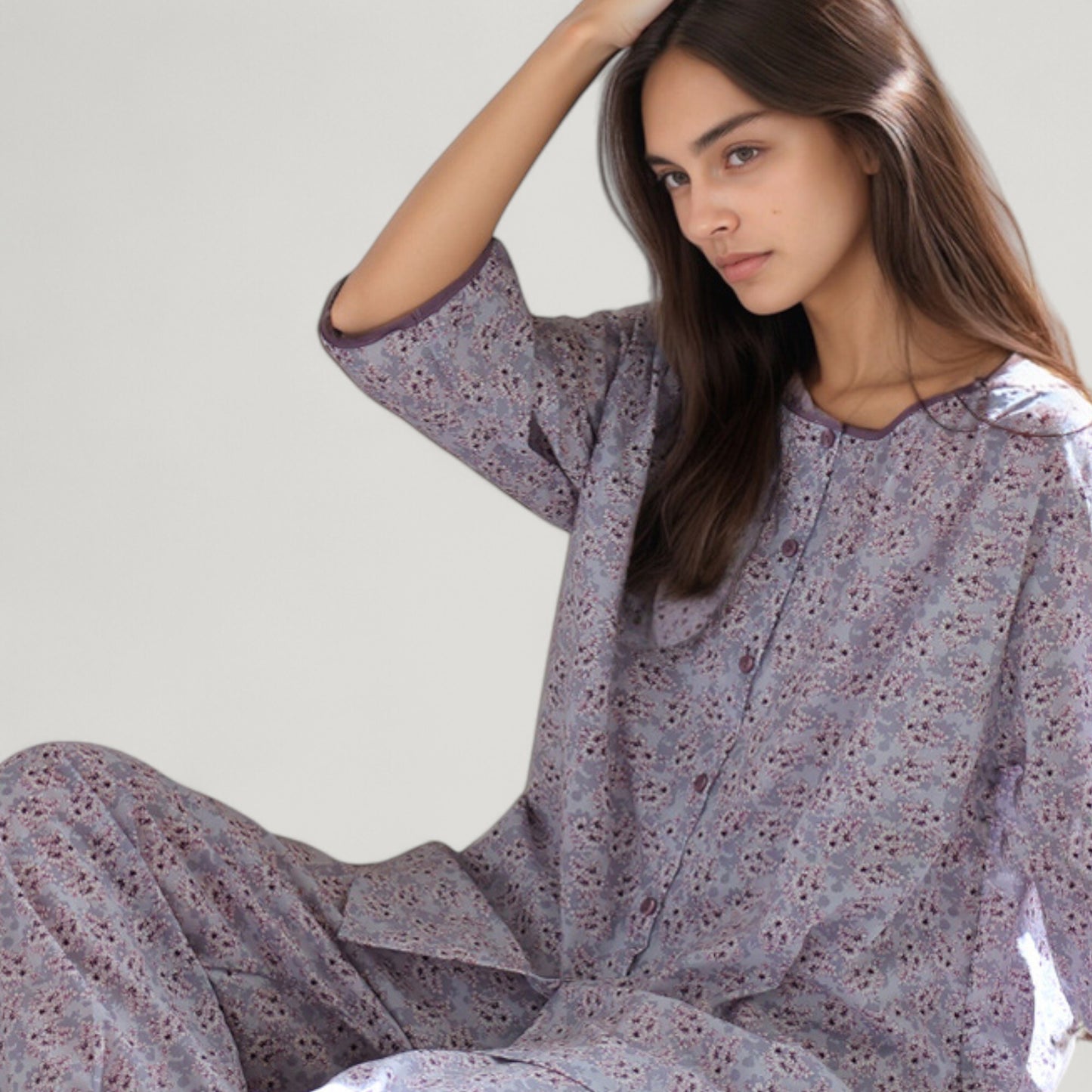 Floral Print Pajama Set with Round Neck Button Front Top and Relaxed Fit Full-Length Lounge Pants