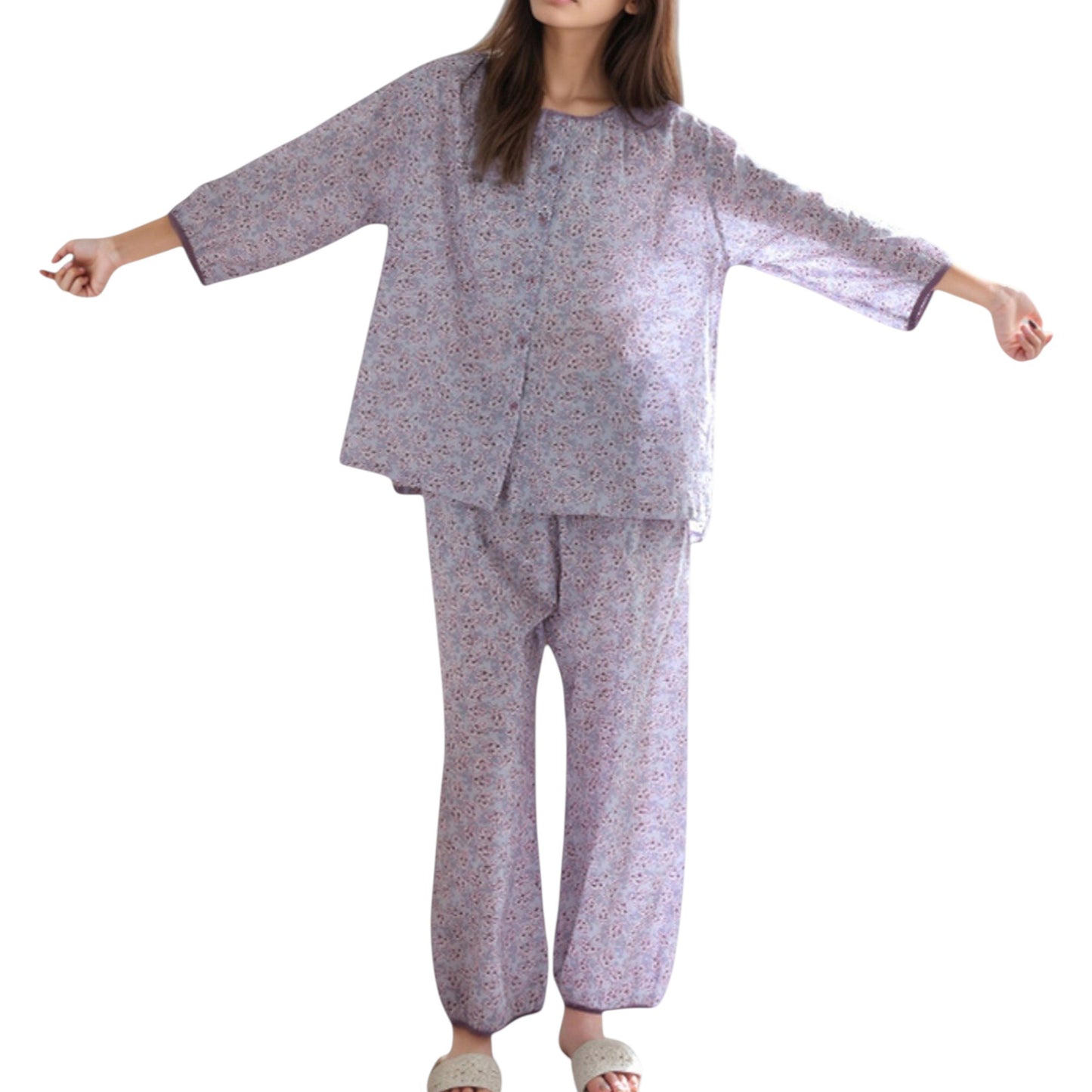 Floral Print Pajama Set with Round Neck Button Front Top and Relaxed Fit Full-Length Lounge Pants