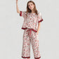 Cherry Print Satin Pajama Set with Short Sleeve Top and Cropped Drawstring Pants