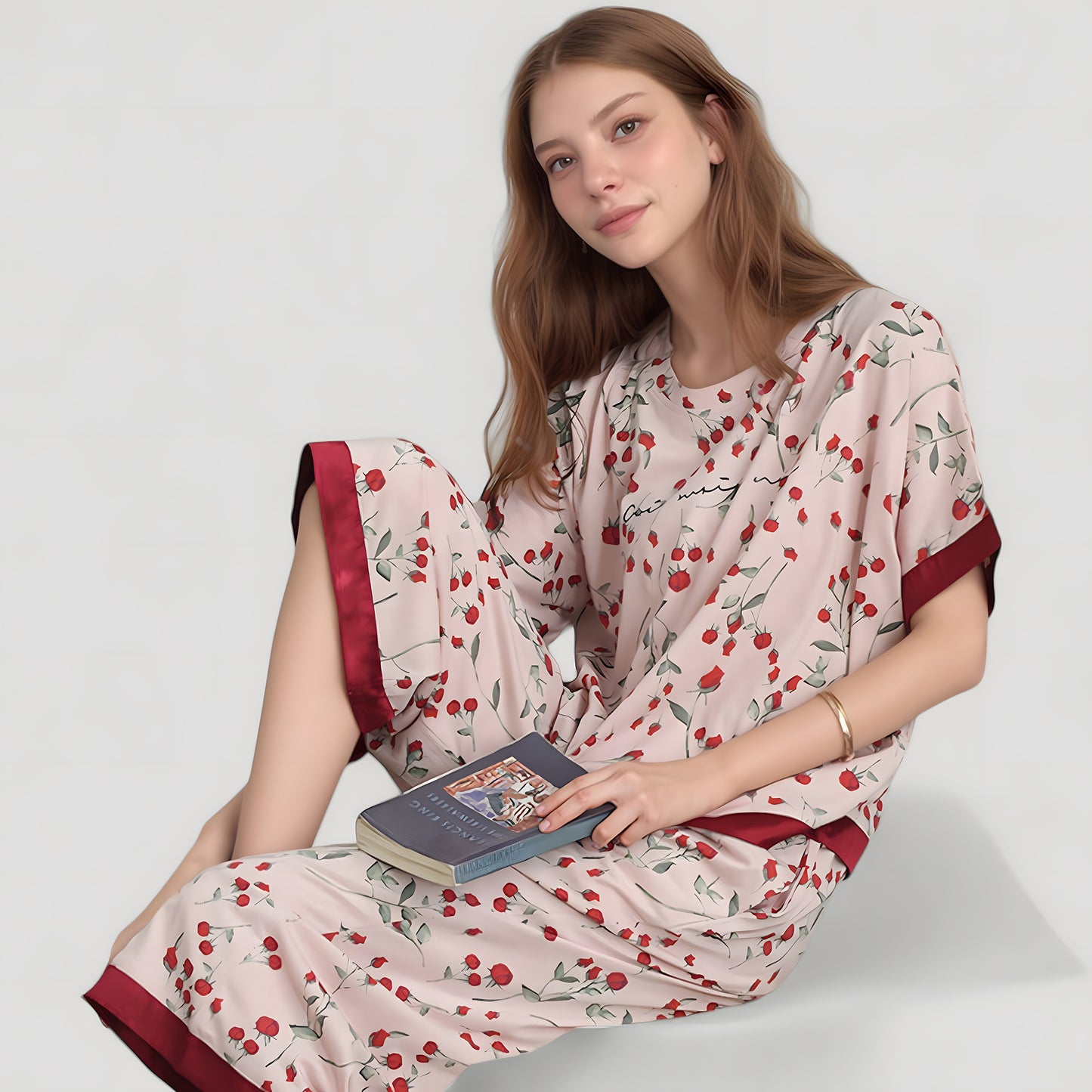 Cherry Print Satin Pajama Set with Short Sleeve Top and Cropped Drawstring Pants