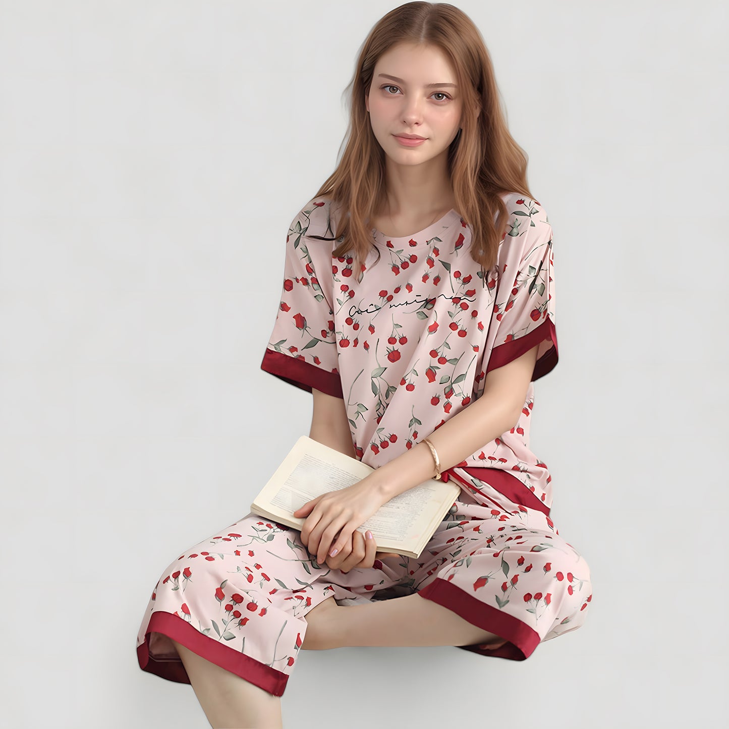 Cherry Print Satin Pajama Set with Short Sleeve Top and Cropped Drawstring Pants