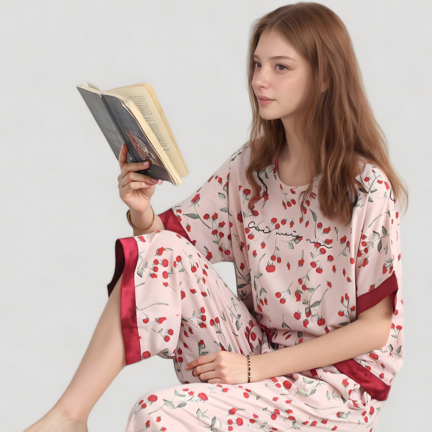 Cherry Print Satin Pajama Set with Short Sleeve Top and Cropped Drawstring Pants