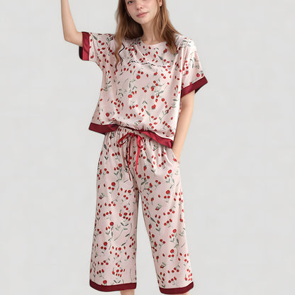 Cherry Print Satin Pajama Set with Short Sleeve Top and Cropped Drawstring Pants