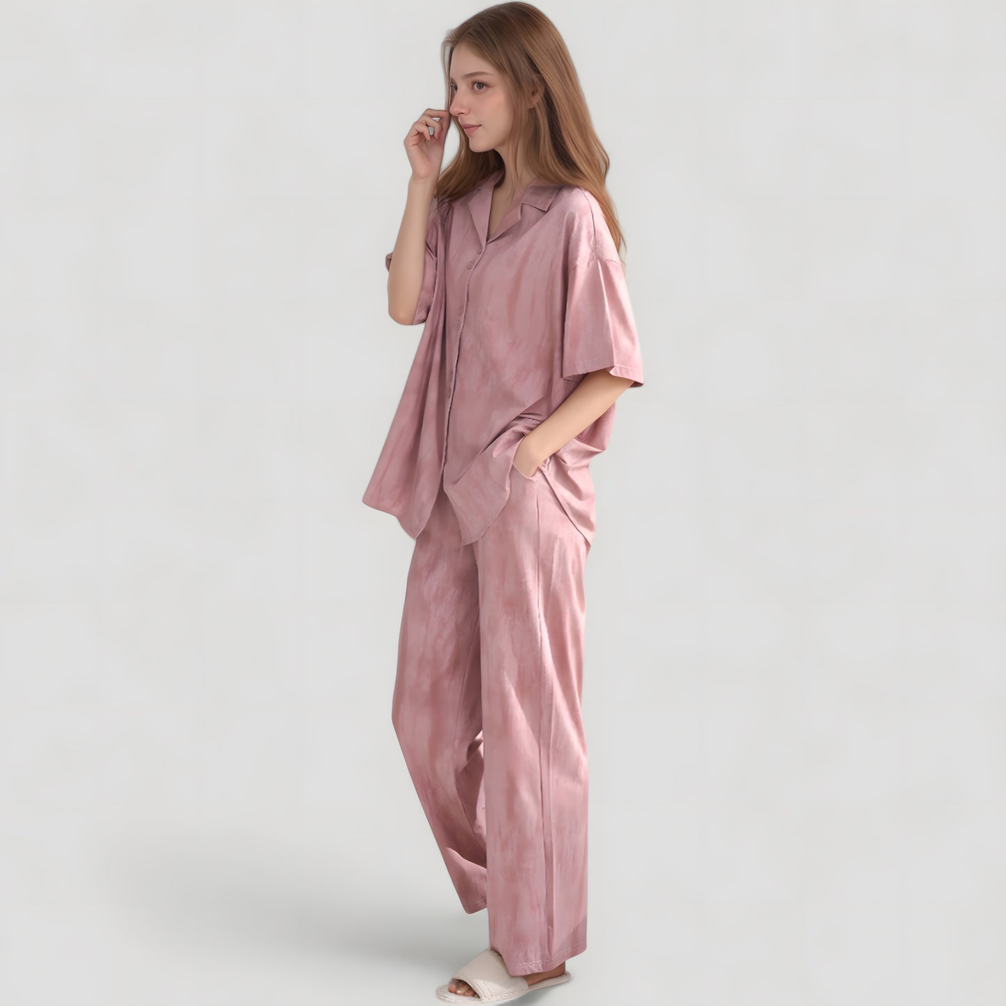 Satin Pajama Set with Short Sleeve Button-Up Top and Wide Leg Pants