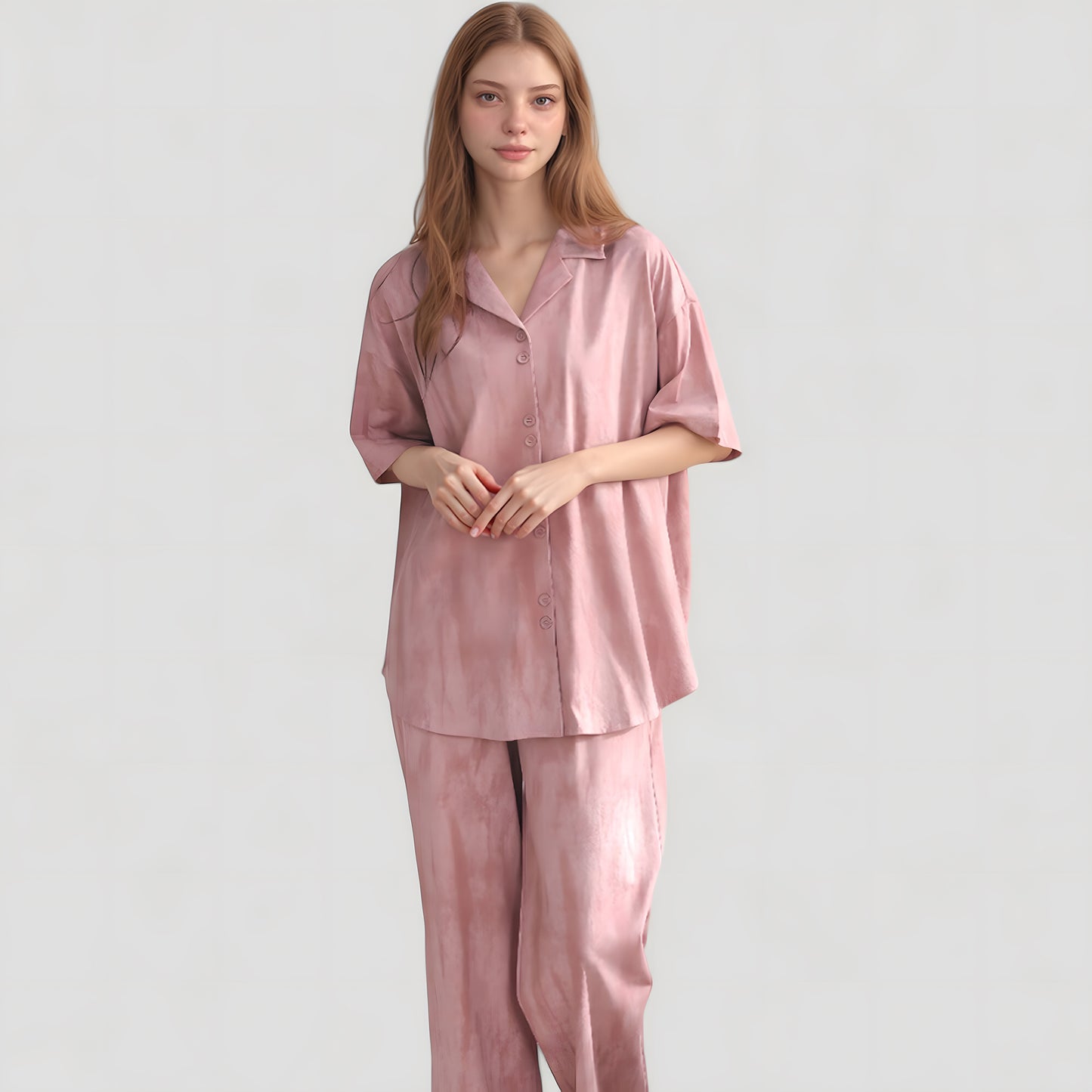 Satin Pajama Set with Short Sleeve Button-Up Top and Wide Leg Pants