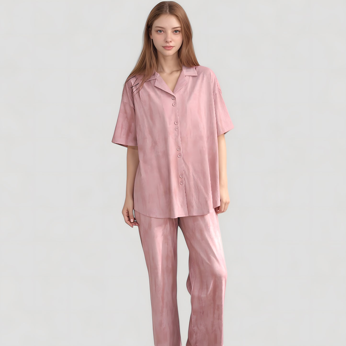 Satin Pajama Set with Short Sleeve Button-Up Top and Wide Leg Pants