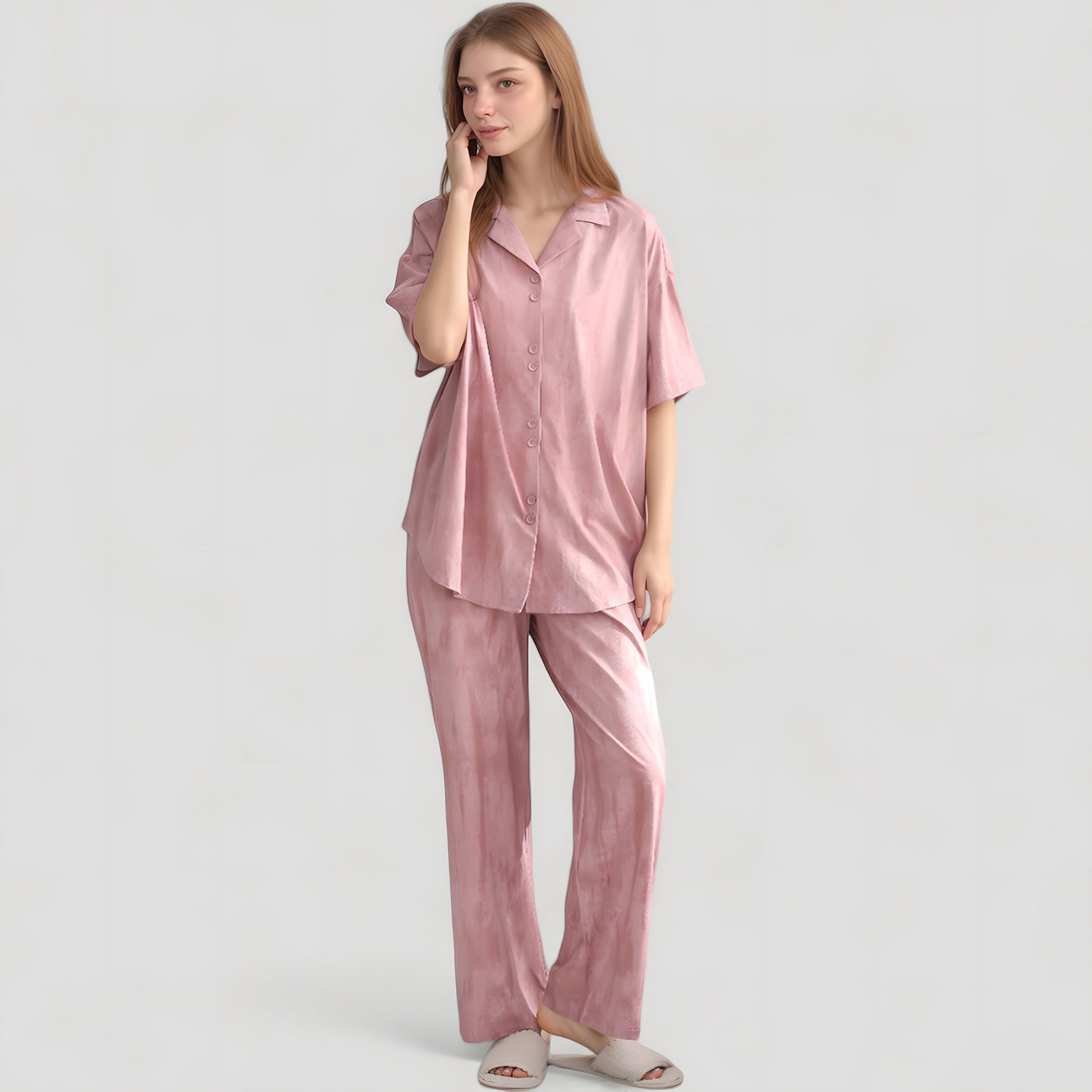 Satin Pajama Set with Short Sleeve Button-Up Top and Wide Leg Pants