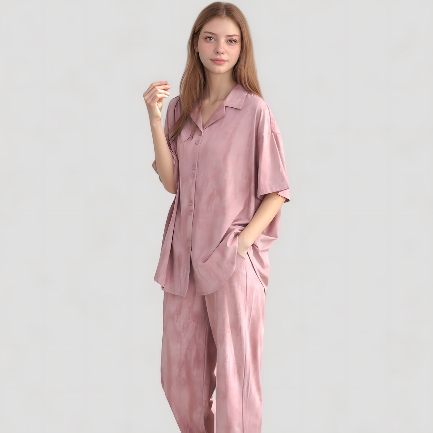 Satin Pajama Set with Short Sleeve Button-Up Top and Wide Leg Pants