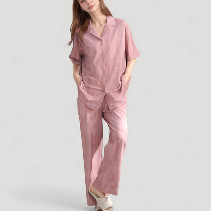 Satin Pajama Set with Short Sleeve Button-Up Top and Wide Leg Pants