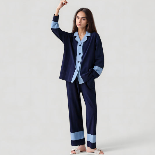 Colorblock Pajama Set with Contrast Trim Long Sleeve Button Top and Straight Leg Pants