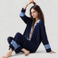 Colorblock Pajama Set with Contrast Trim Long Sleeve Button Top and Straight Leg Pants