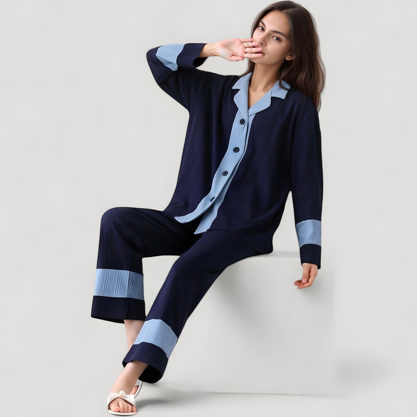Colorblock Pajama Set with Contrast Trim Long Sleeve Button Top and Straight Leg Pants
