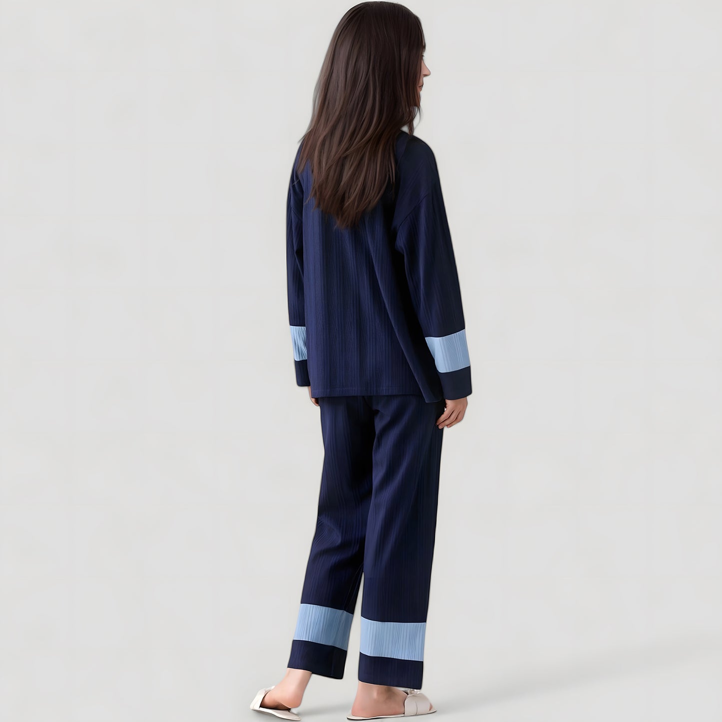 Colorblock Pajama Set with Contrast Trim Long Sleeve Button Top and Straight Leg Pants