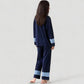 Colorblock Pajama Set with Contrast Trim Long Sleeve Button Top and Straight Leg Pants