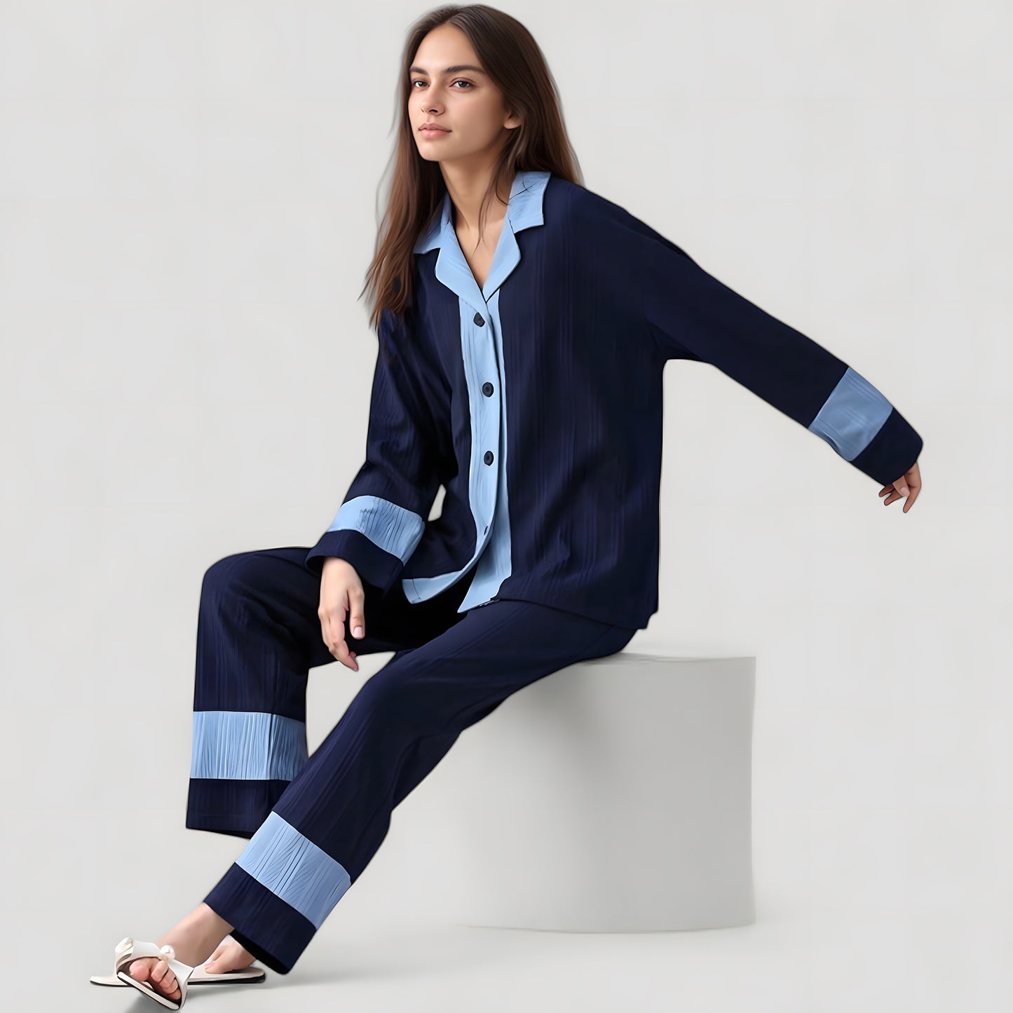 Colorblock Pajama Set with Contrast Trim Long Sleeve Button Top and Straight Leg Pants