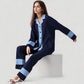 Colorblock Pajama Set with Contrast Trim Long Sleeve Button Top and Straight Leg Pants