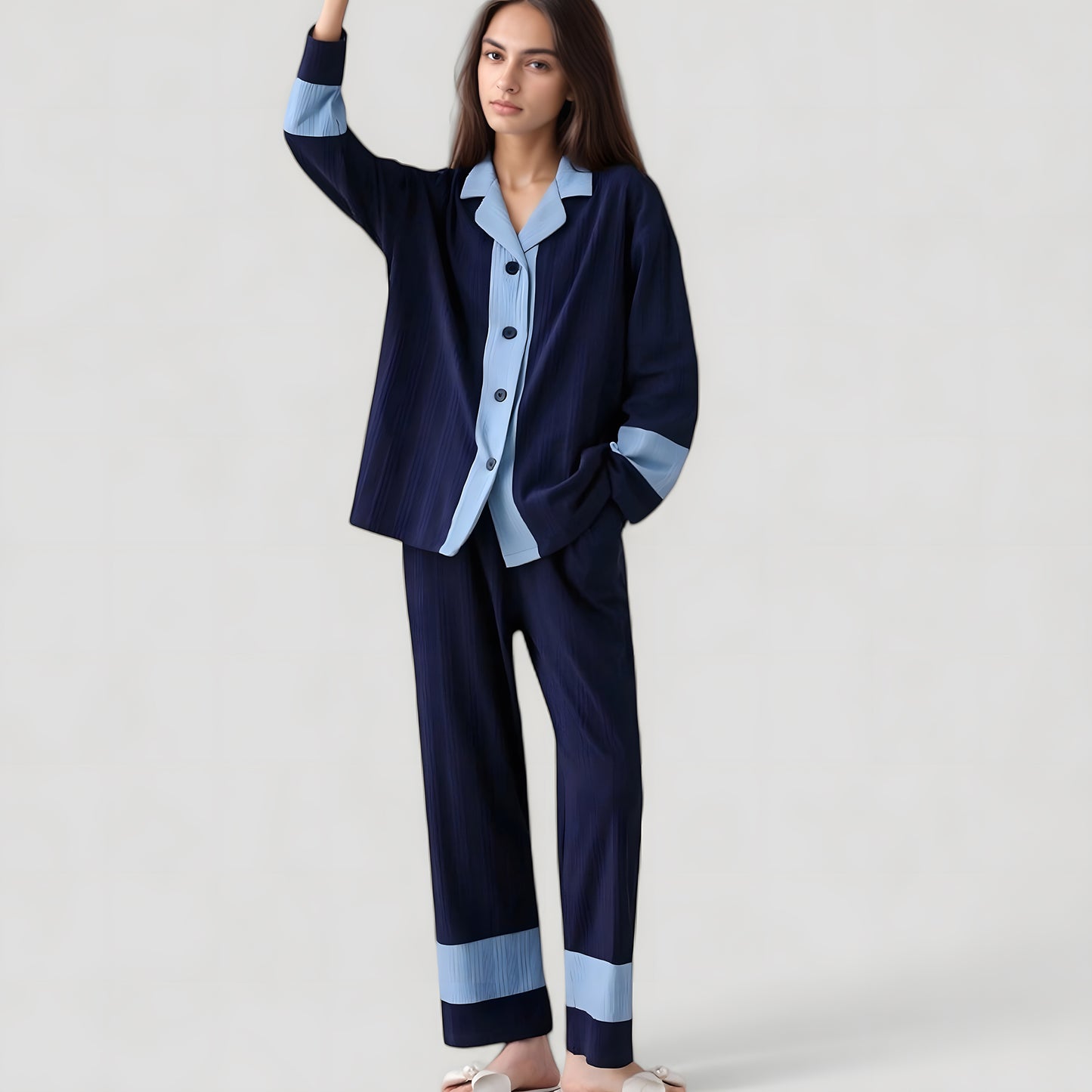 Colorblock Pajama Set with Contrast Trim Long Sleeve Button Top and Straight Leg Pants