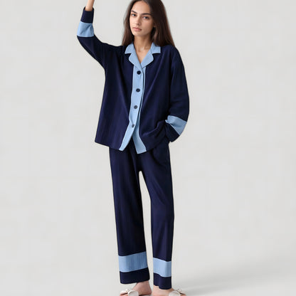 Colorblock Pajama Set with Contrast Trim Long Sleeve Button Top and Straight Leg Pants