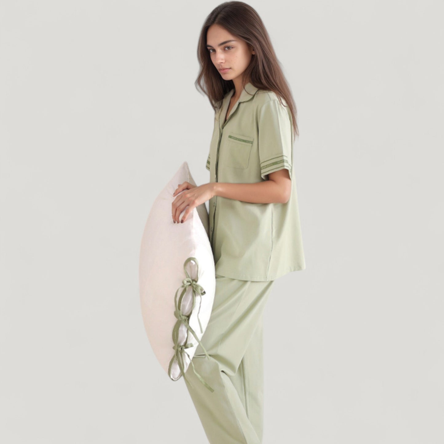 Solid Pajama Set with Contrast Stripe Trim Short Sleeve Top and Matching Lounge Pants