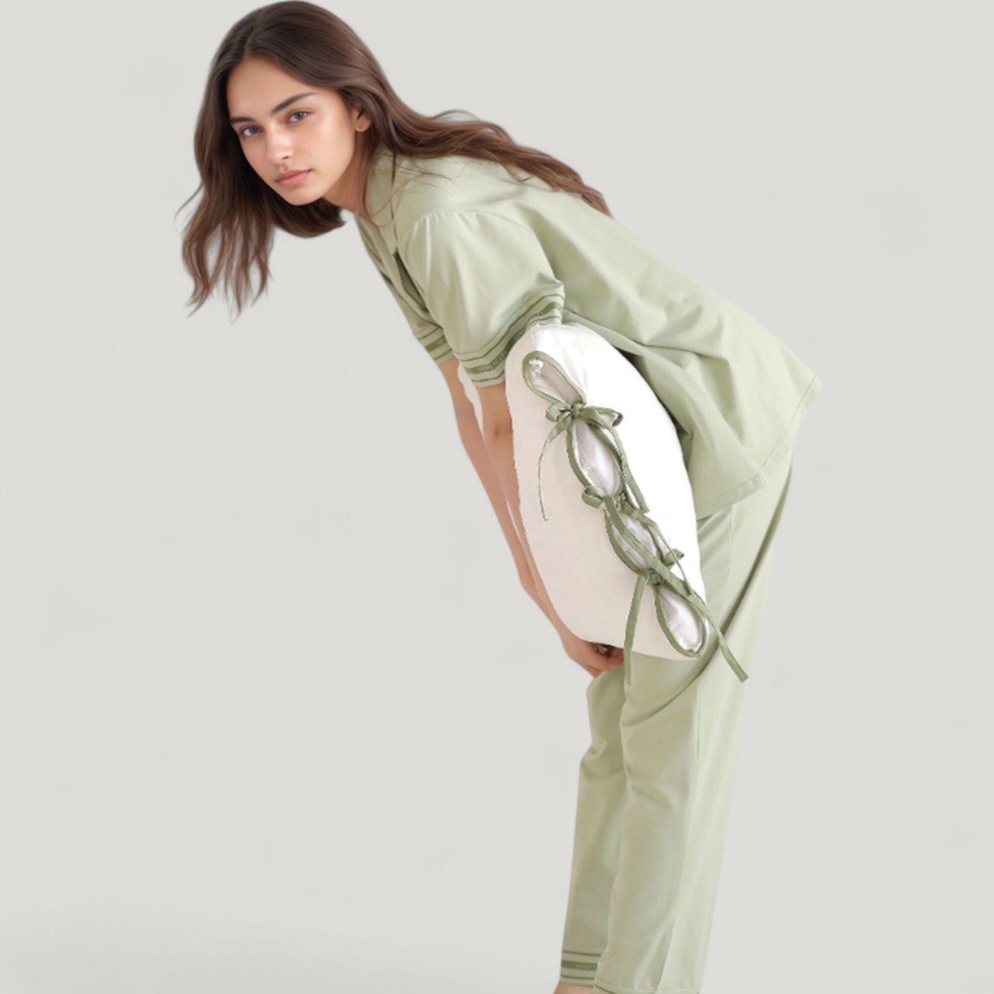 Solid Pajama Set with Contrast Stripe Trim Short Sleeve Top and Matching Lounge Pants