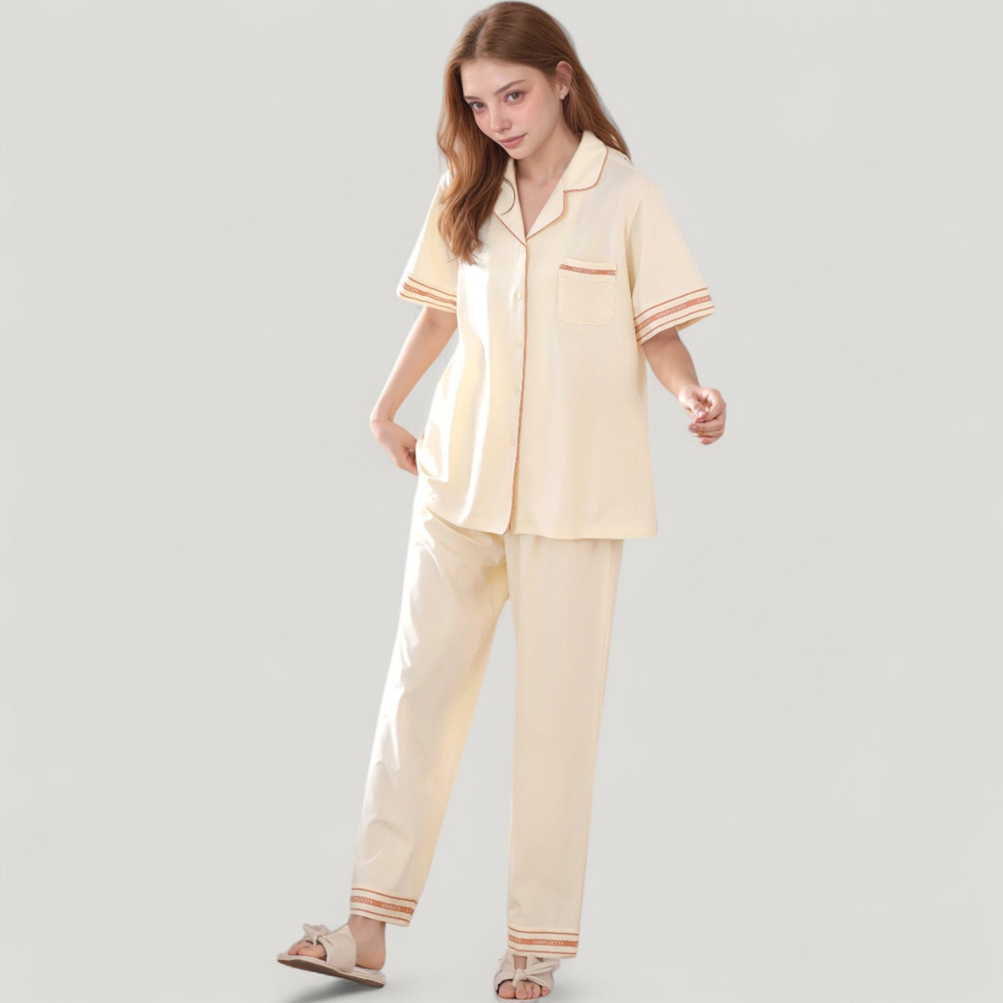 Solid Pajama Set with Contrast Stripe Trim Short Sleeve Top and Matching Lounge Pants