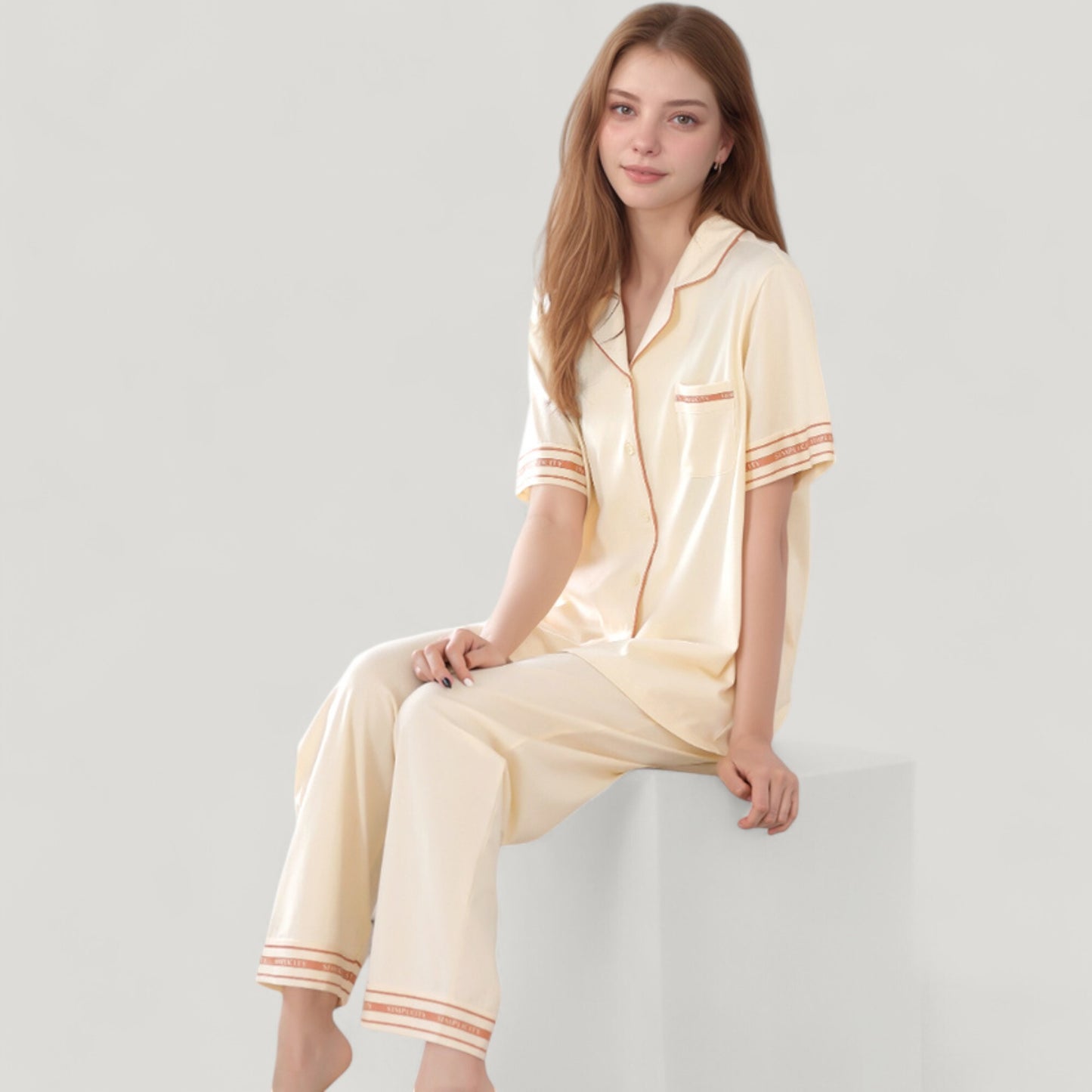 Solid Pajama Set with Contrast Stripe Trim Short Sleeve Top and Matching Lounge Pants