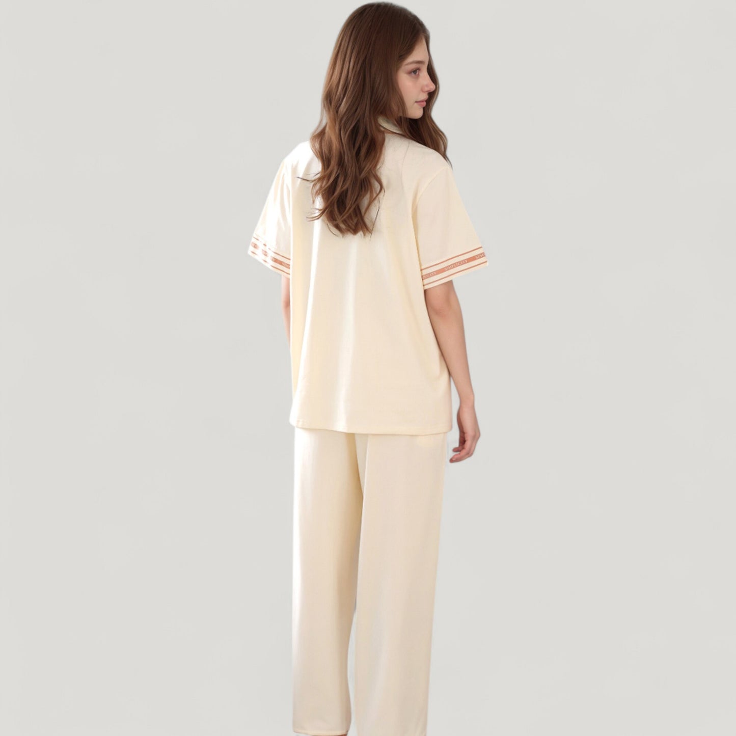 Solid Pajama Set with Contrast Stripe Trim Short Sleeve Top and Matching Lounge Pants