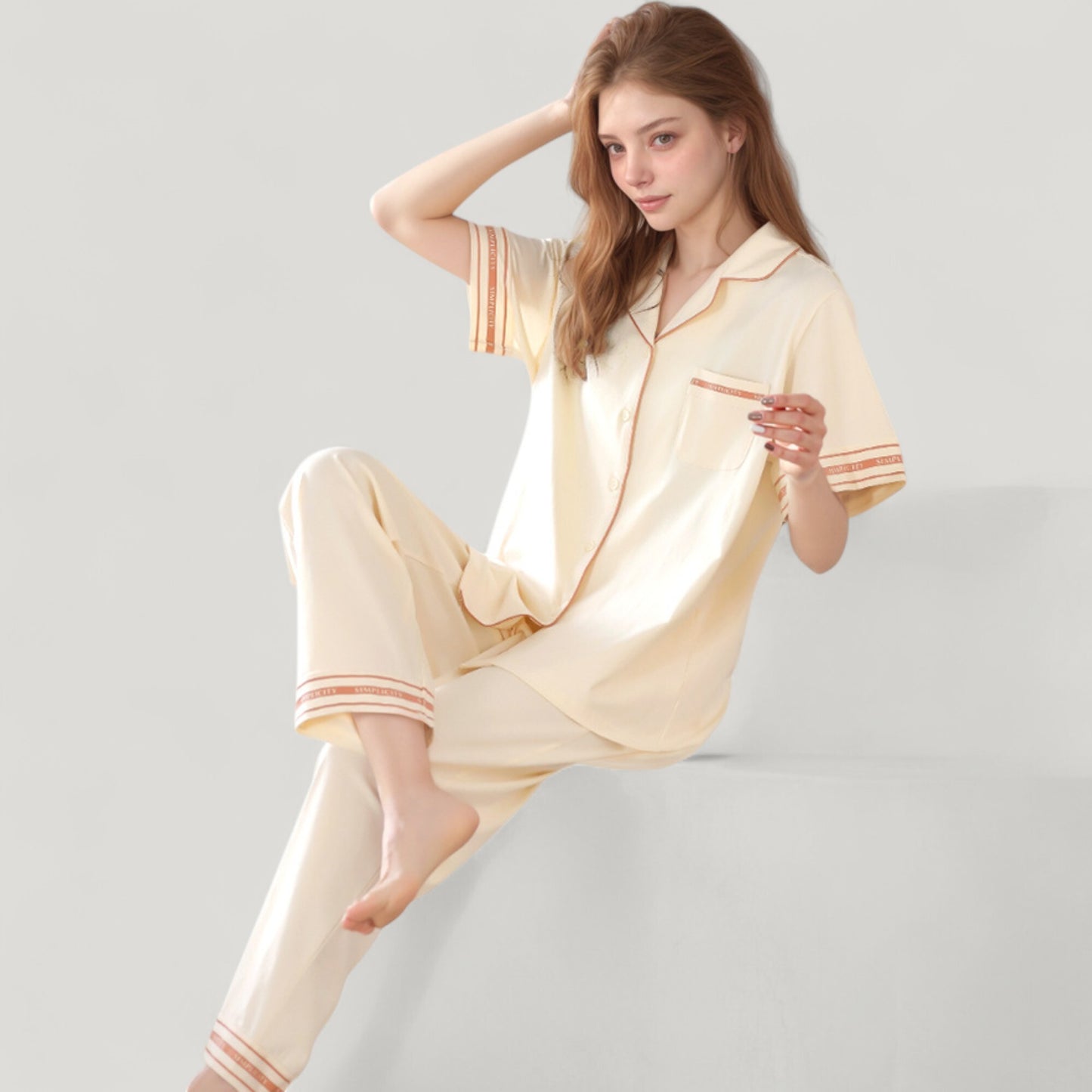Solid Pajama Set with Contrast Stripe Trim Short Sleeve Top and Matching Lounge Pants