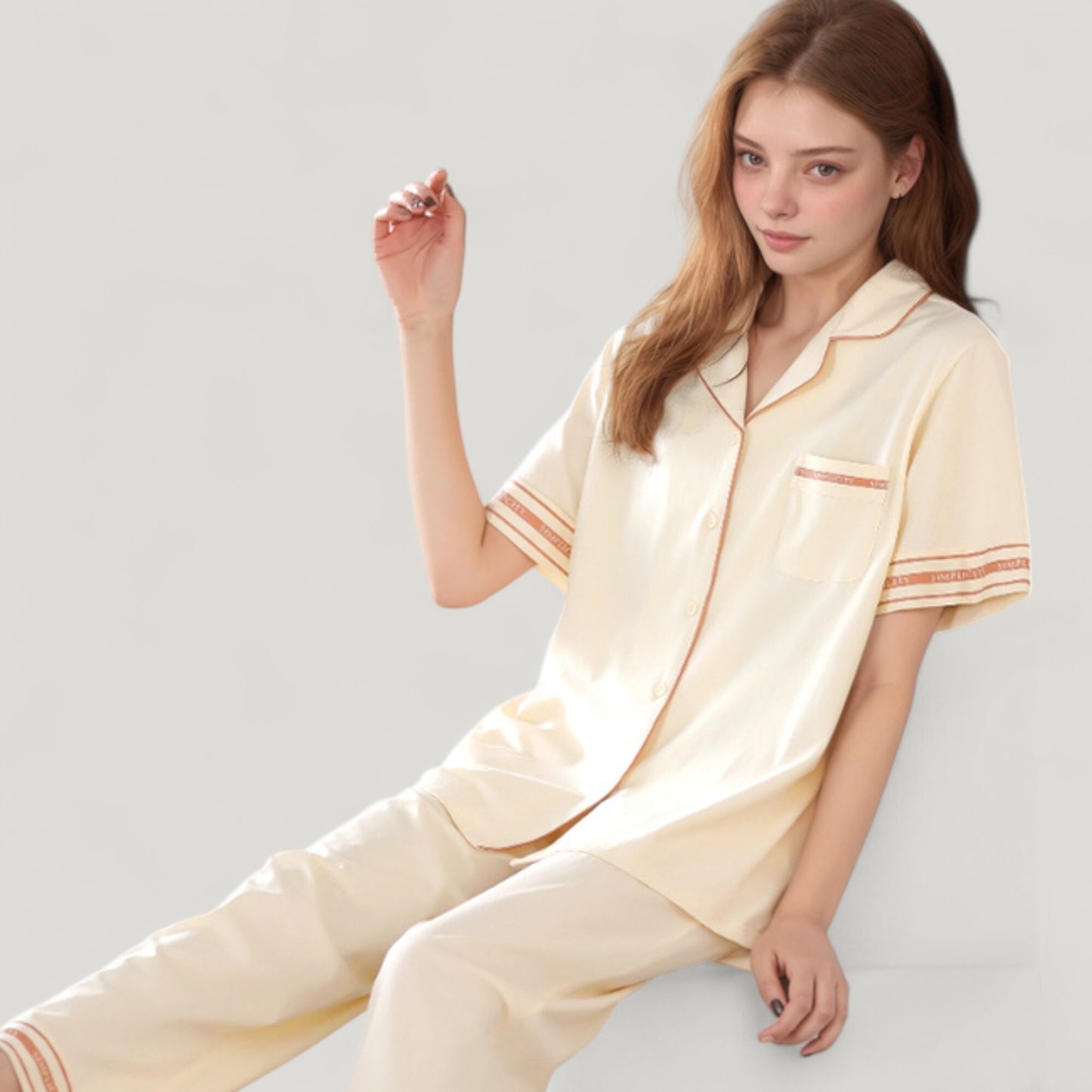 Solid Pajama Set with Contrast Stripe Trim Short Sleeve Top and Matching Lounge Pants
