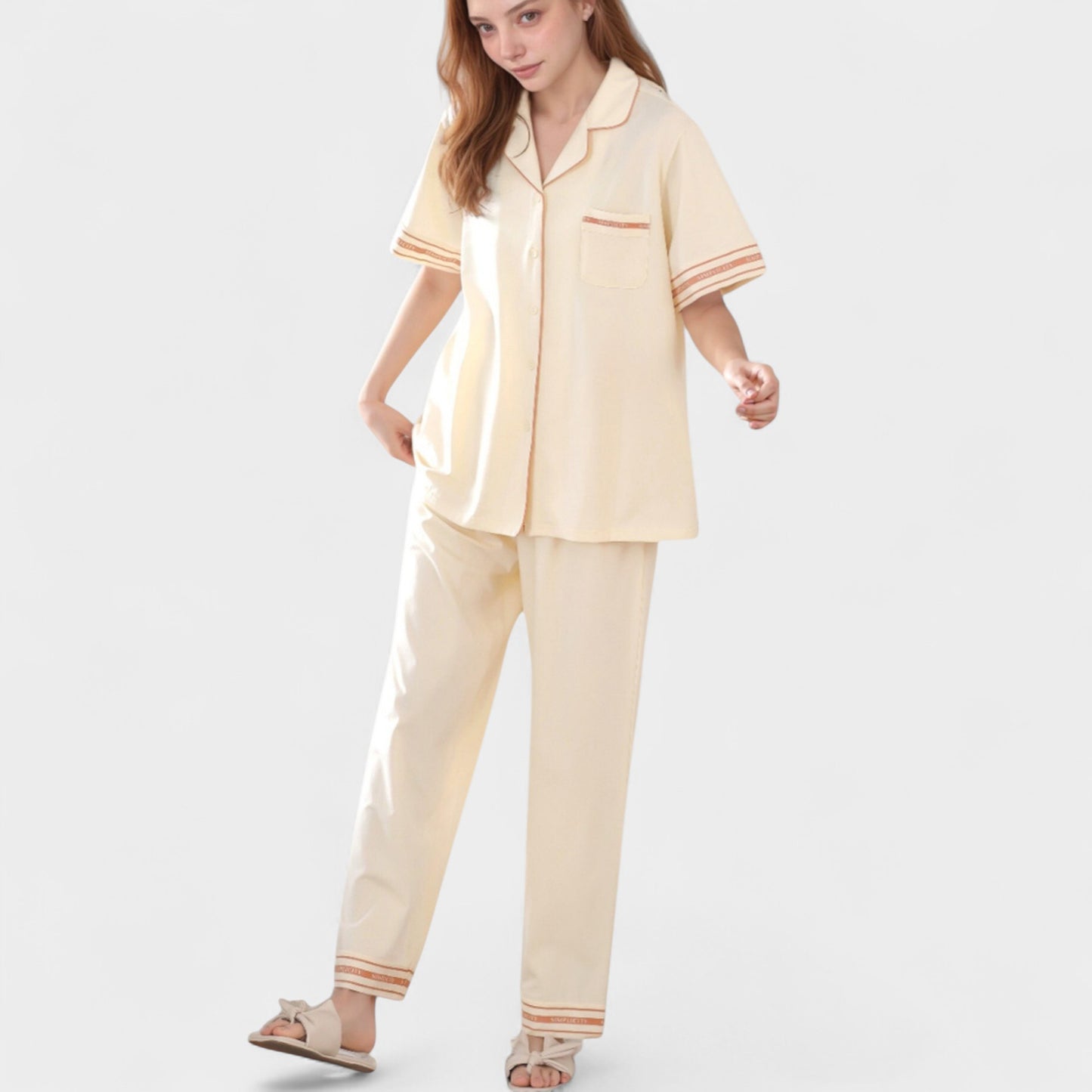 Solid Pajama Set with Contrast Stripe Trim Short Sleeve Top and Matching Lounge Pants