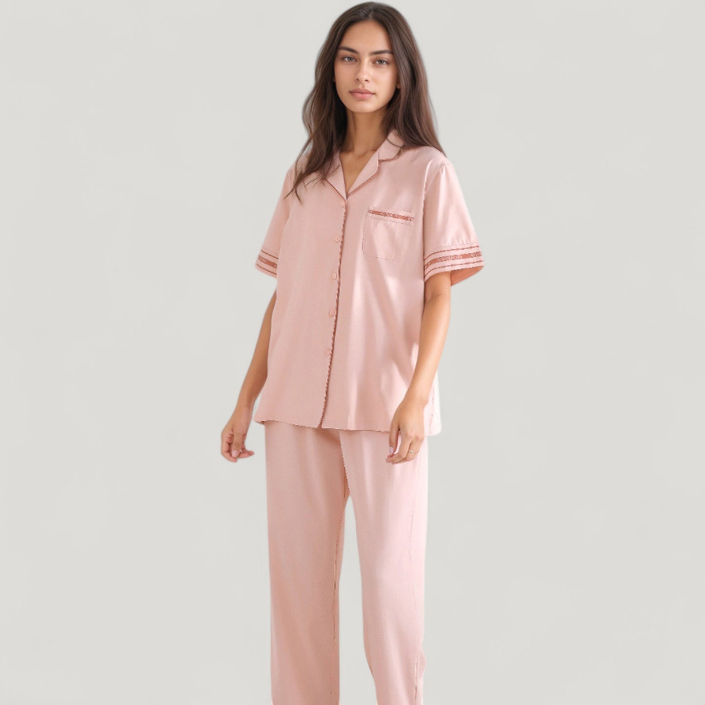 Solid Pajama Set with Contrast Stripe Trim Short Sleeve Top and Matching Lounge Pants