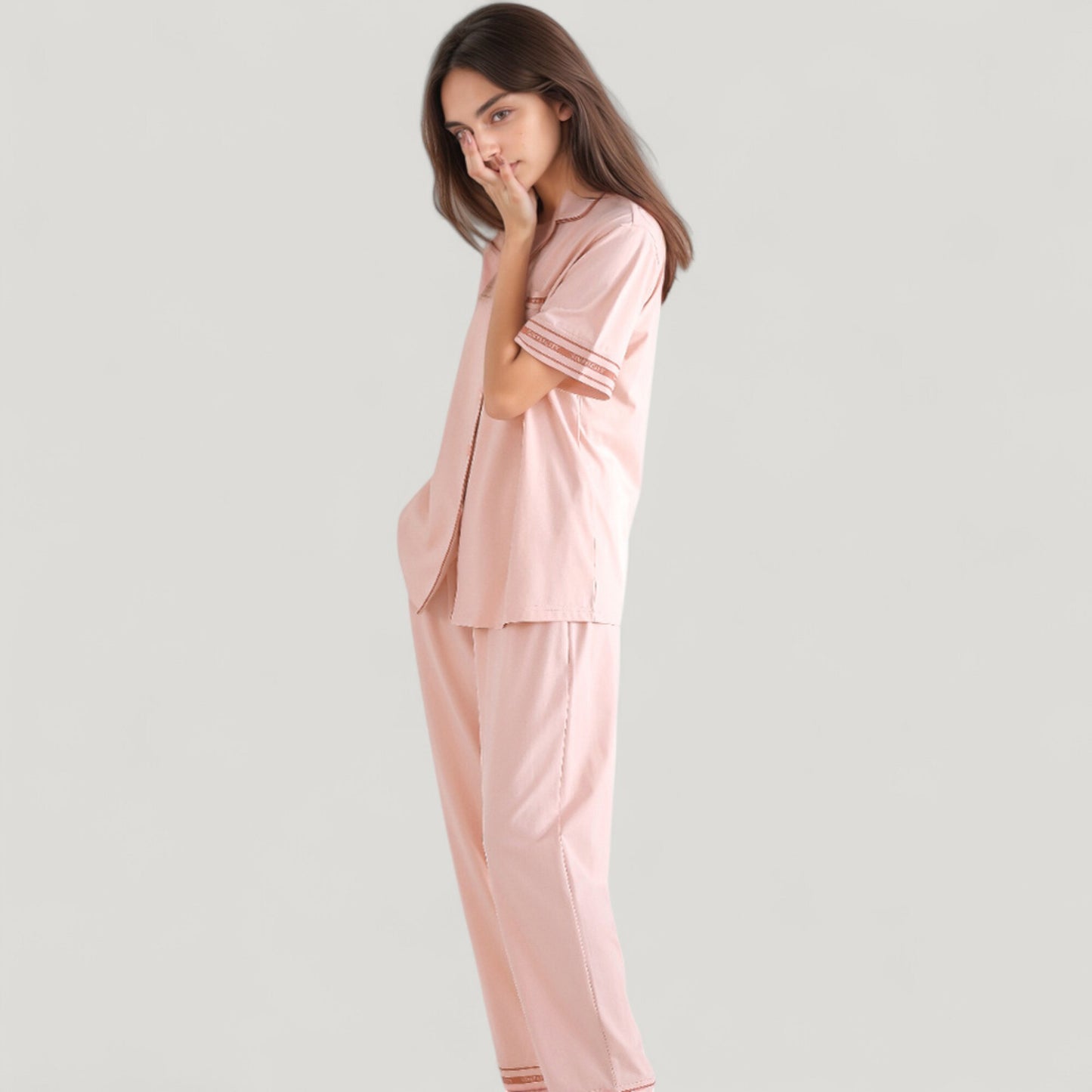 Solid Pajama Set with Contrast Stripe Trim Short Sleeve Top and Matching Lounge Pants