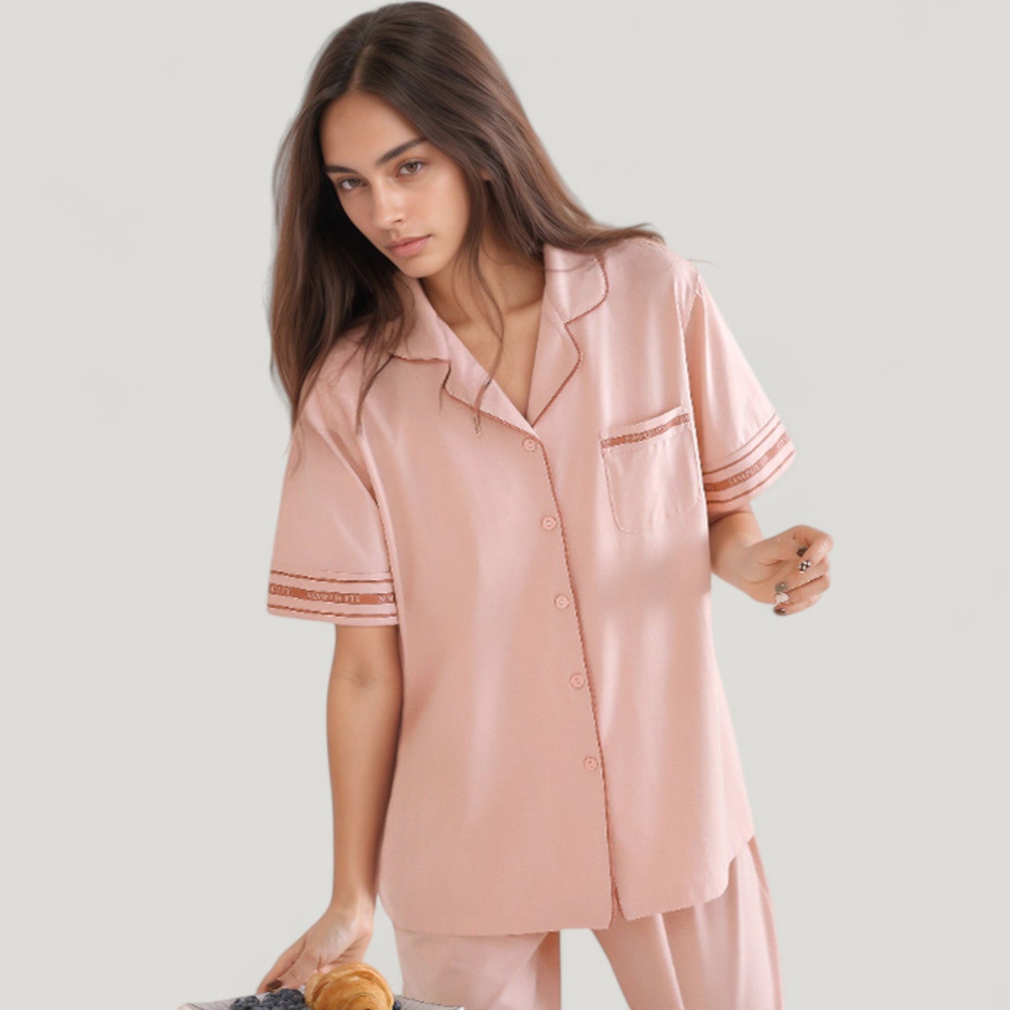 Solid Pajama Set with Contrast Stripe Trim Short Sleeve Top and Matching Lounge Pants