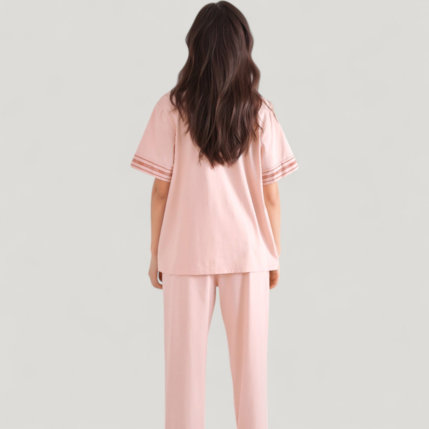 Solid Pajama Set with Contrast Stripe Trim Short Sleeve Top and Matching Lounge Pants