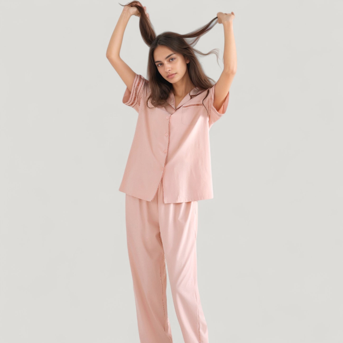 Solid Pajama Set with Contrast Stripe Trim Short Sleeve Top and Matching Lounge Pants