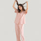 Solid Pajama Set with Contrast Stripe Trim Short Sleeve Top and Matching Lounge Pants