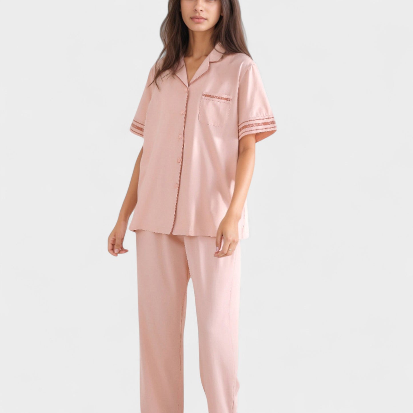 Solid Pajama Set with Contrast Stripe Trim Short Sleeve Top and Matching Lounge Pants