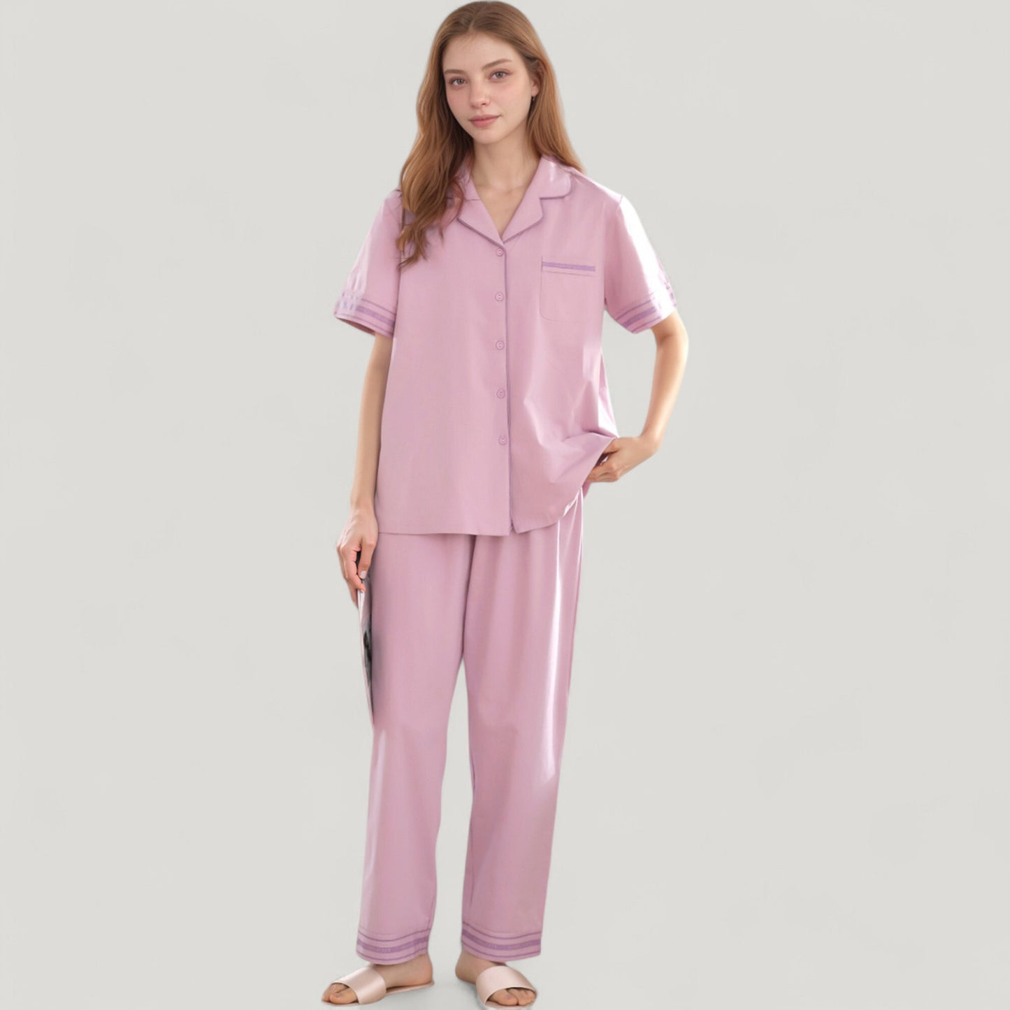 Solid Pajama Set with Contrast Stripe Trim Short Sleeve Top and Matching Lounge Pants