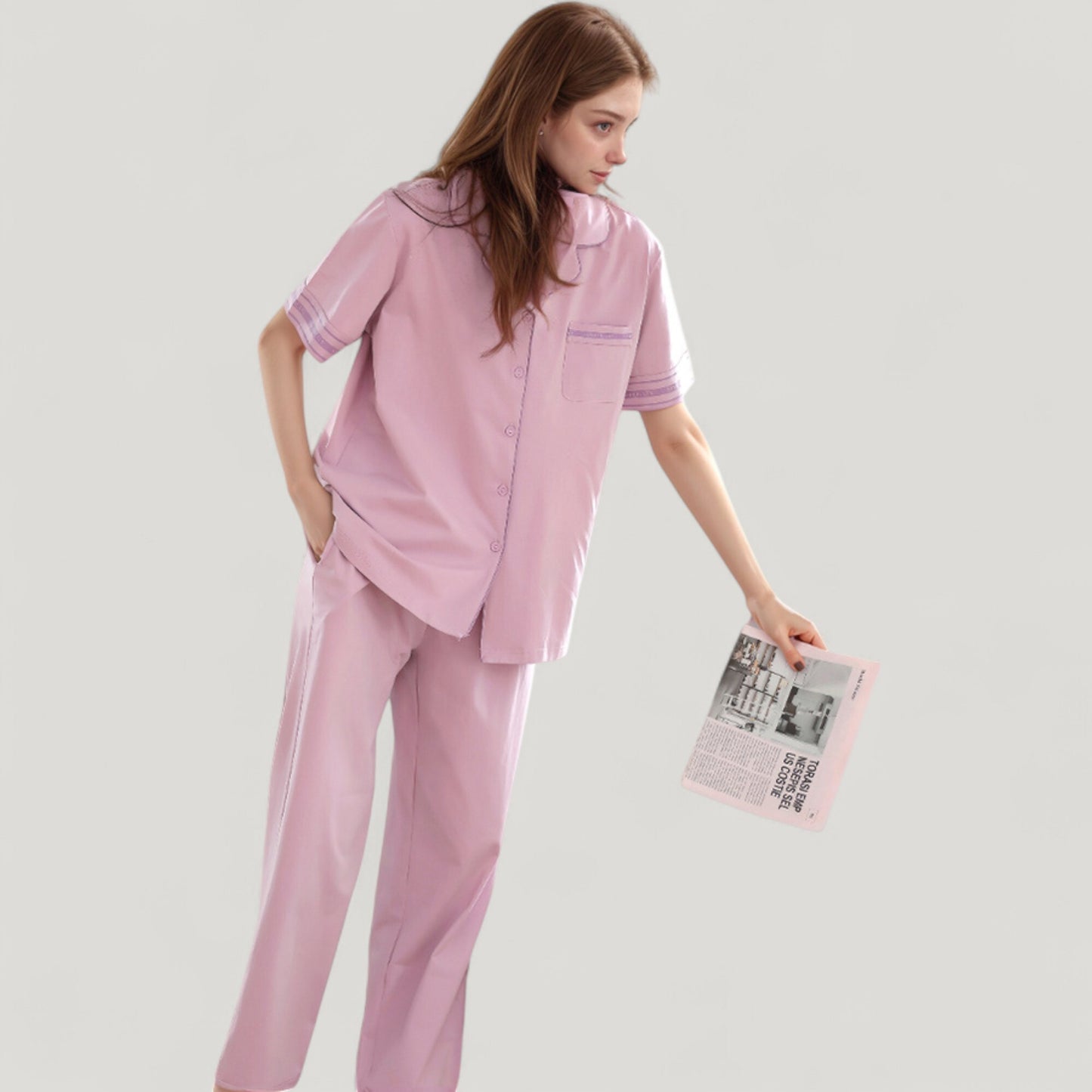 Solid Pajama Set with Contrast Stripe Trim Short Sleeve Top and Matching Lounge Pants