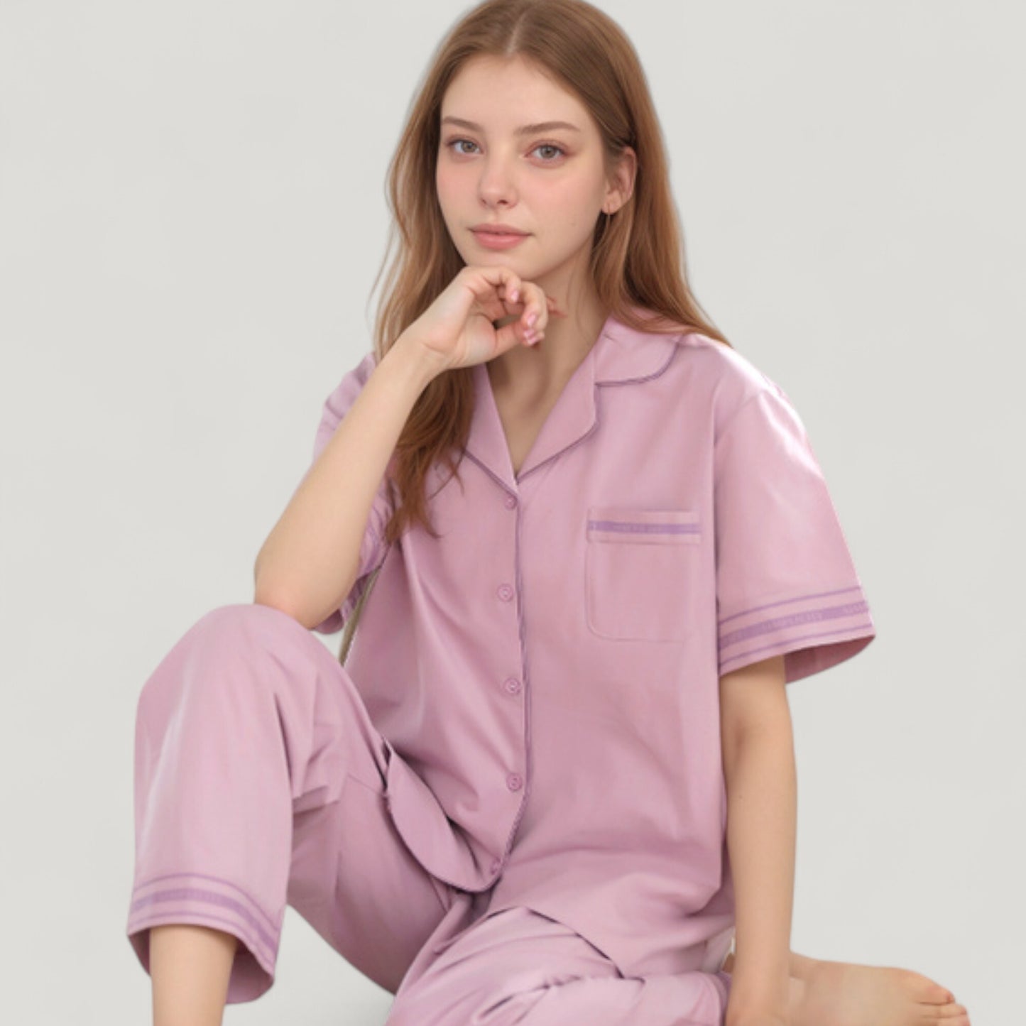 Solid Pajama Set with Contrast Stripe Trim Short Sleeve Top and Matching Lounge Pants
