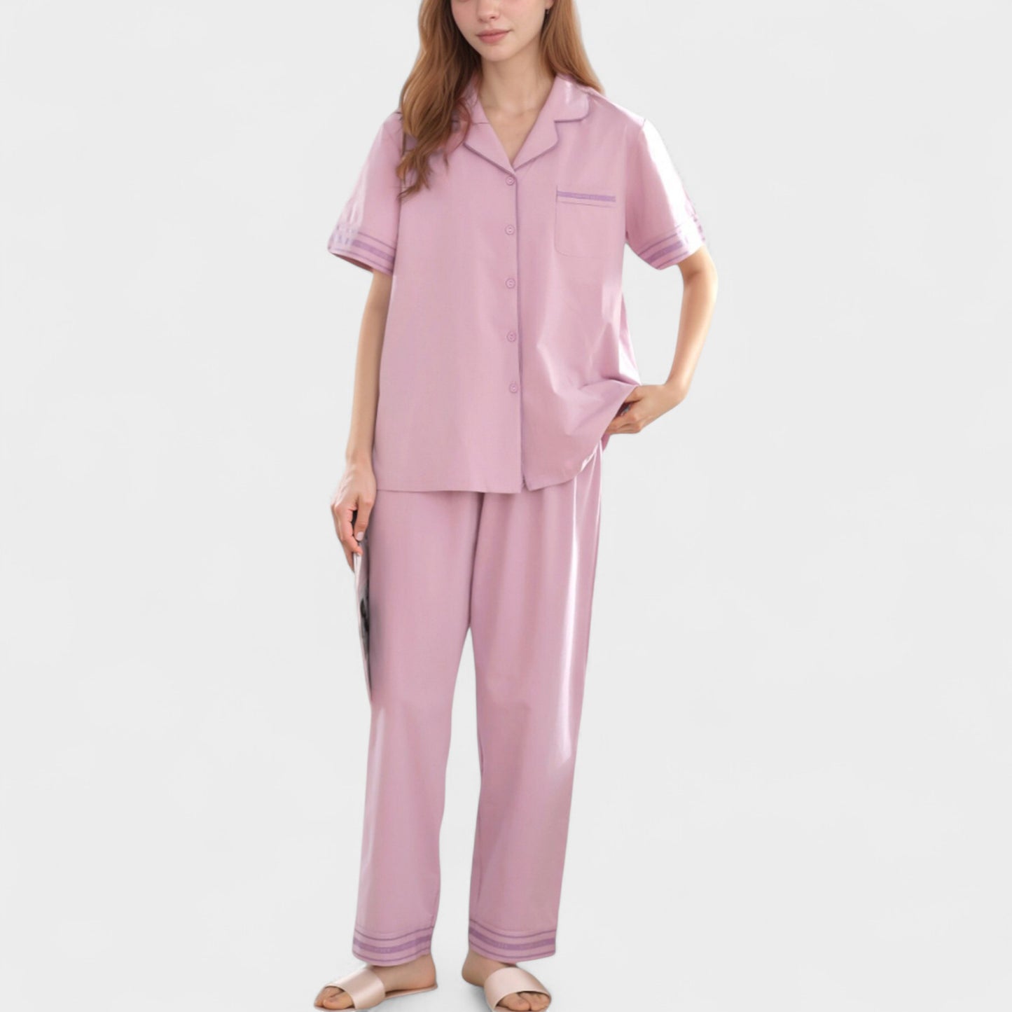 Solid Pajama Set with Contrast Stripe Trim Short Sleeve Top and Matching Lounge Pants