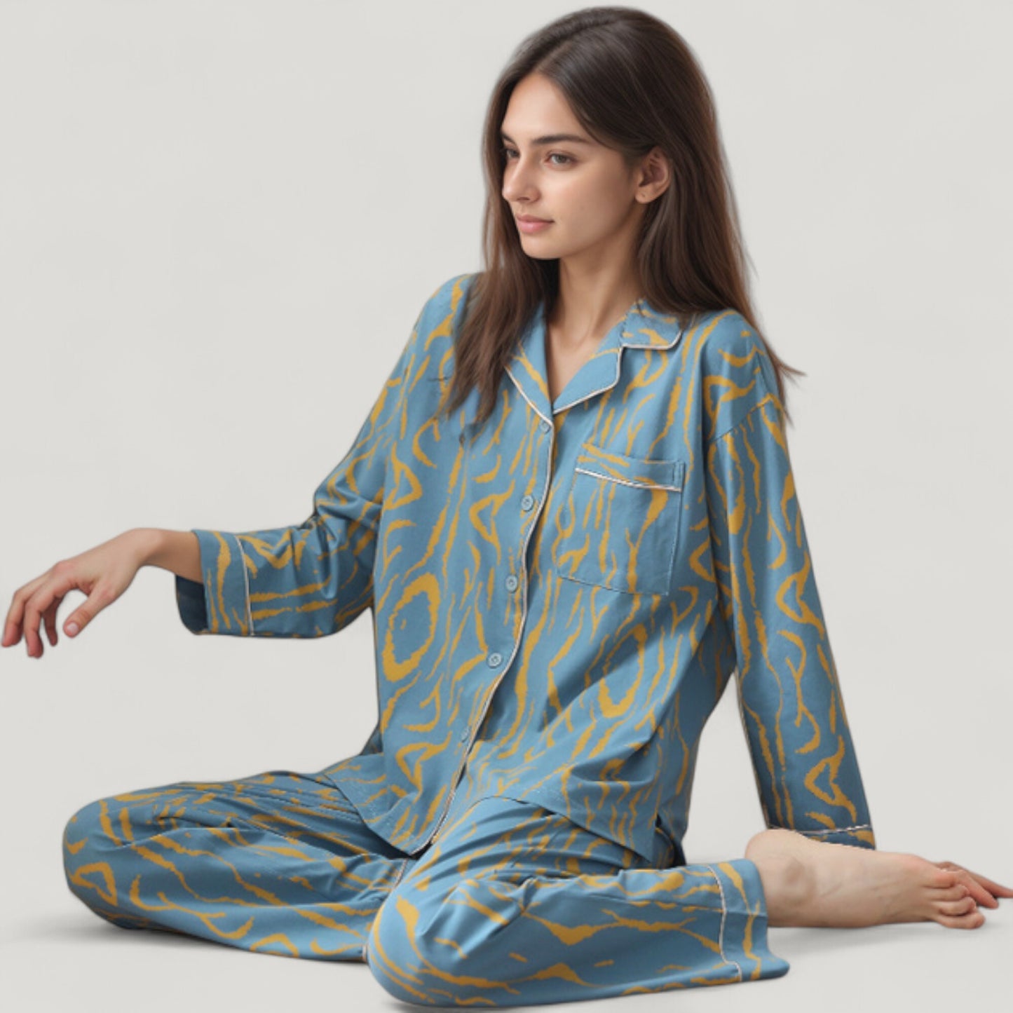 Abstract Pattern Pajama Set Long Sleeve Button Front Top with Matching Relaxed Fit Lounge Pants